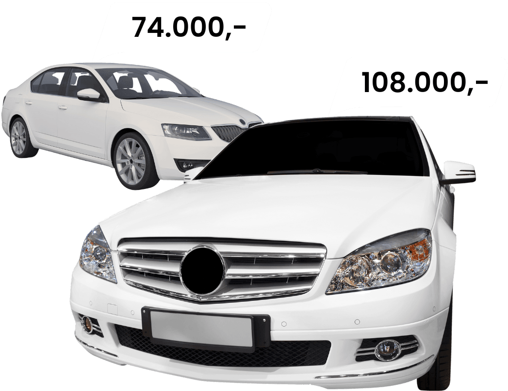 To hvide biler med viste priser til salg